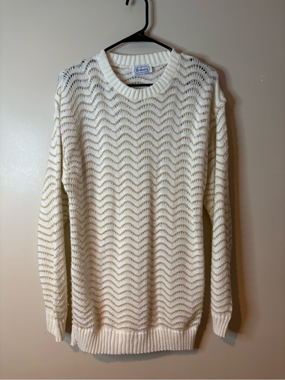 Vintage Brunny Off White & Gold Metallic Open Knit Tunic Sweater EUC